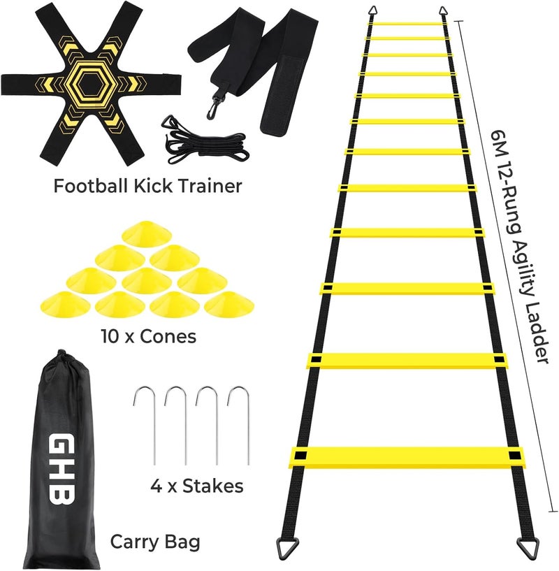 GHB Pro Agility Ladder Soccer Kick Trainer Set 20ft 12 Rung 10 Cones and 4 Stakes Speed Agility Football Training Equipment with Carrying Bag - Image 2
